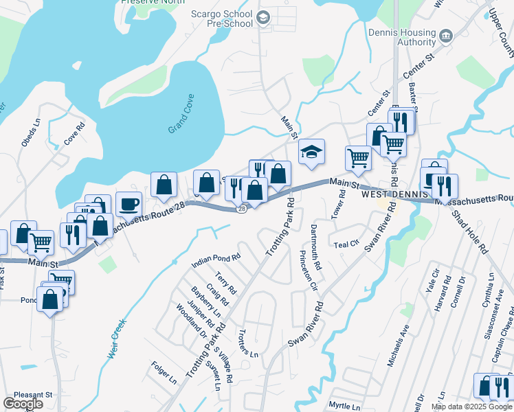 map of restaurants, bars, coffee shops, grocery stores, and more near 715 Main Street in Dennis
