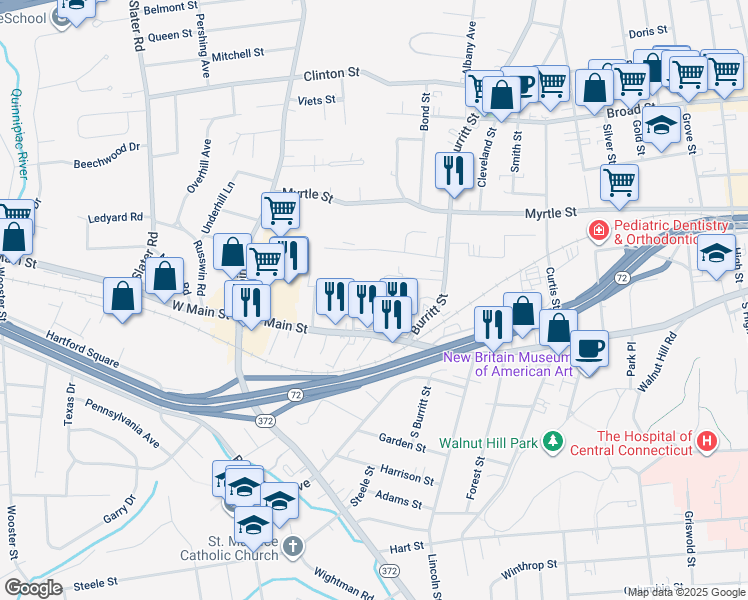 map of restaurants, bars, coffee shops, grocery stores, and more near 38 Newfield Avenue in New Britain