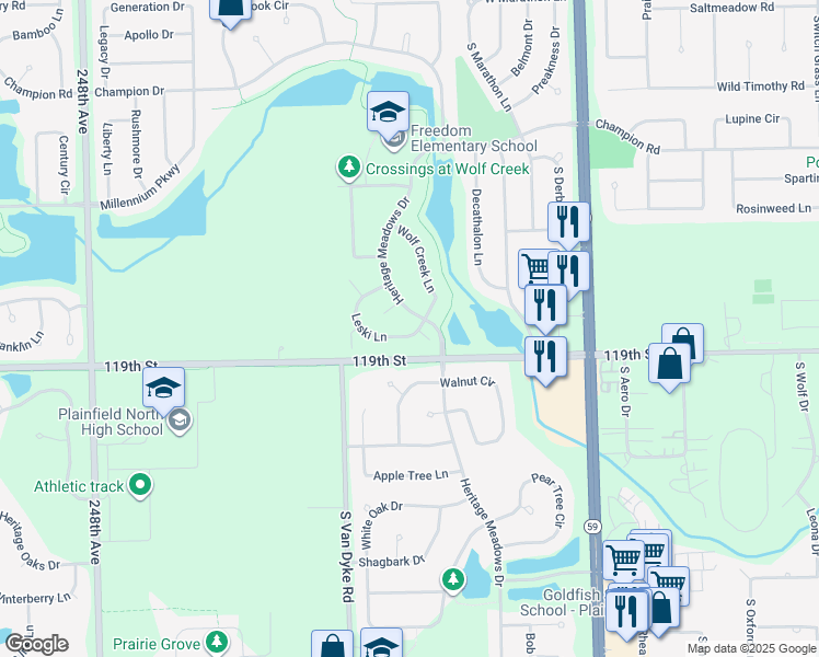 map of restaurants, bars, coffee shops, grocery stores, and more near 24370 Leski Lane in Plainfield