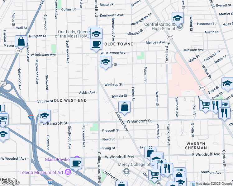 map of restaurants, bars, coffee shops, grocery stores, and more near 360 Batavia Street in Toledo