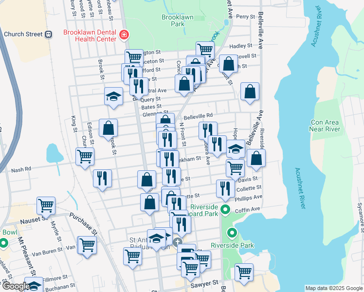 map of restaurants, bars, coffee shops, grocery stores, and more near 523 N Front St in New Bedford