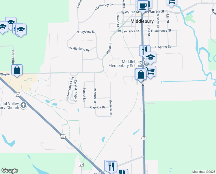 map of restaurants, bars, coffee shops, grocery stores, and more near 511 Horizon Dr in Middlebury