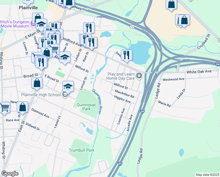 map of restaurants, bars, coffee shops, grocery stores, and more near 91 Dallas Avenue in Plainville