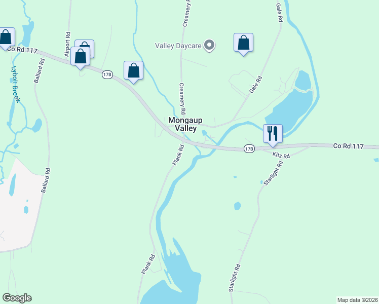 map of restaurants, bars, coffee shops, grocery stores, and more near 5 Plank Road in Mongaup Valley