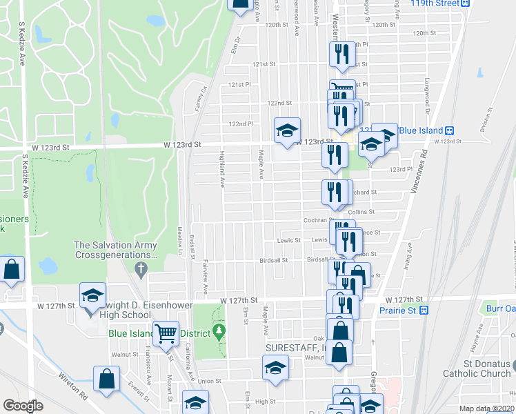 map of restaurants, bars, coffee shops, grocery stores, and more near 12438 Maple Avenue in Blue Island