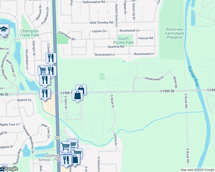 map of restaurants, bars, coffee shops, grocery stores, and more near 23700 West 119th Street in Naperville