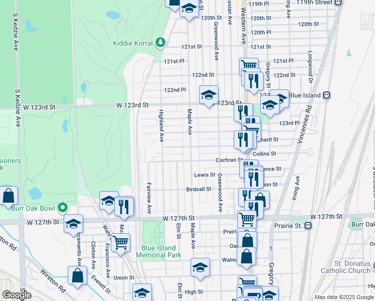 map of restaurants, bars, coffee shops, grocery stores, and more near 12438 Maple Avenue in Blue Island