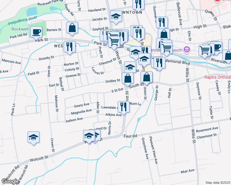 map of restaurants, bars, coffee shops, grocery stores, and more near 45 South Street Extension in Bristol