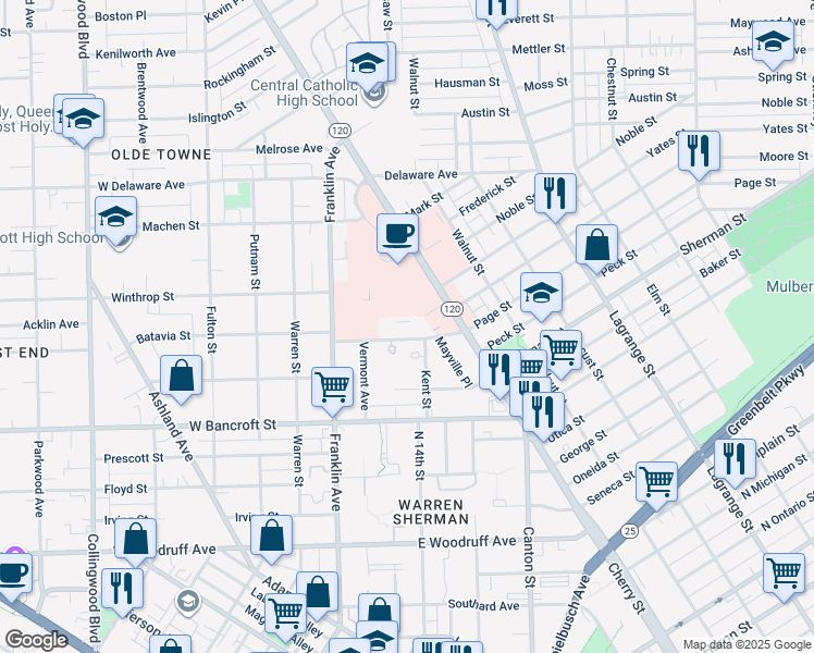 map of restaurants, bars, coffee shops, grocery stores, and more near 219 Page Street in Toledo