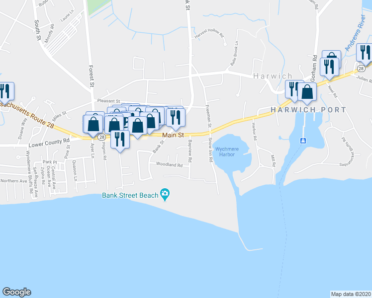 map of restaurants, bars, coffee shops, grocery stores, and more near 28 Bayview Road in Harwich