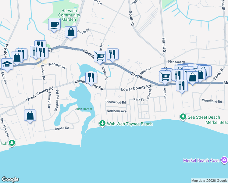 map of restaurants, bars, coffee shops, grocery stores, and more near 407 Lower County Road in Harwich