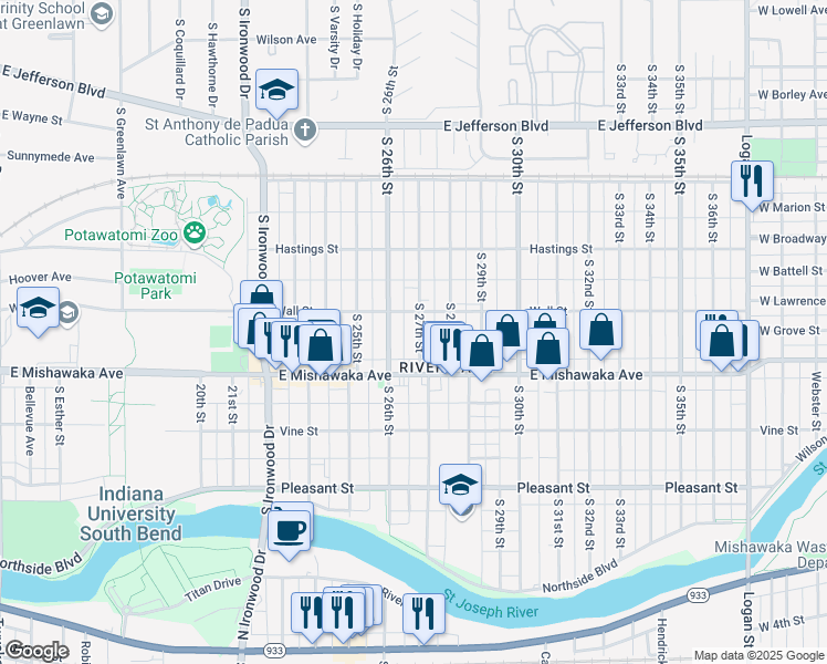 map of restaurants, bars, coffee shops, grocery stores, and more near 817 South 27th Street in South Bend
