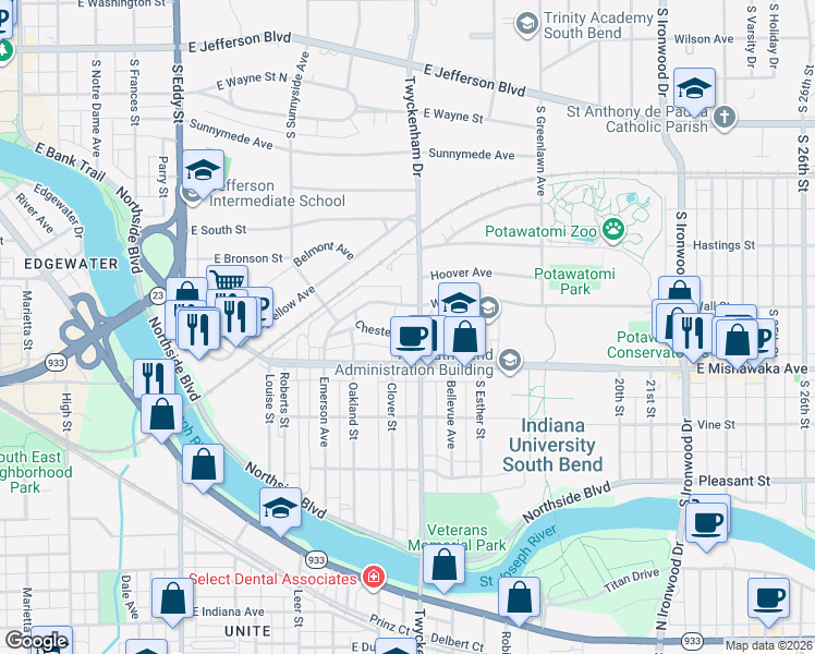 map of restaurants, bars, coffee shops, grocery stores, and more near 1441 Chester Street in South Bend