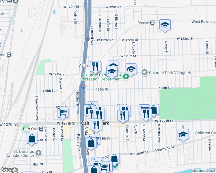 map of restaurants, bars, coffee shops, grocery stores, and more near 12452 South Laflin Street in Calumet Park