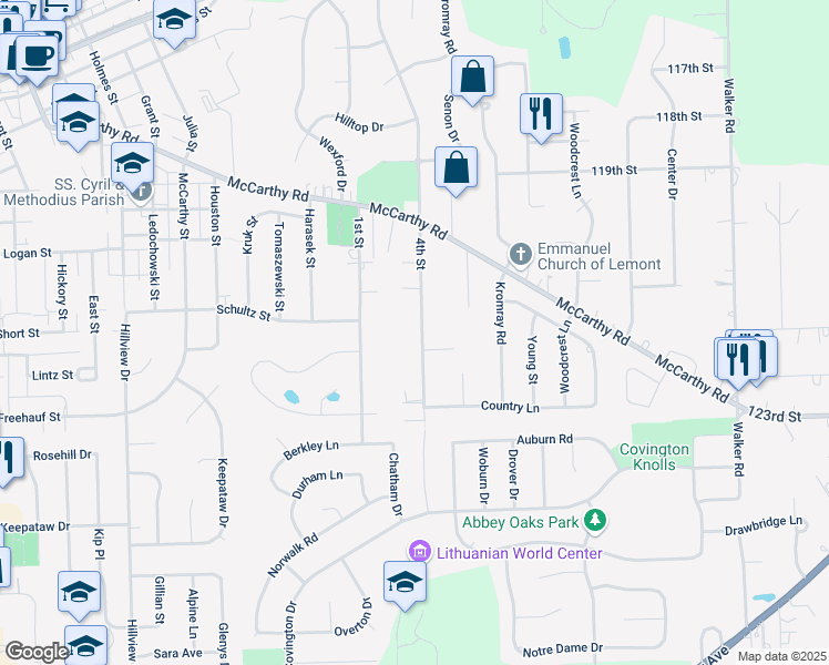 map of restaurants, bars, coffee shops, grocery stores, and more near 600 4th Street in Lemont