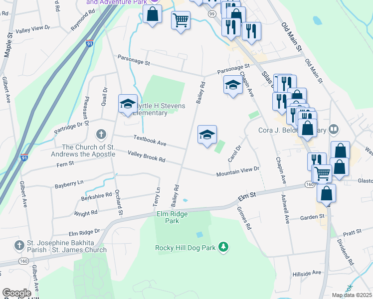 map of restaurants, bars, coffee shops, grocery stores, and more near 144 Bailey Road in Rocky Hill