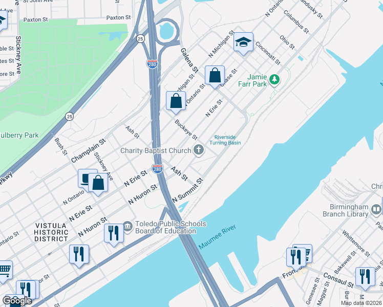 map of restaurants, bars, coffee shops, grocery stores, and more near 1846 North Erie Street in Toledo