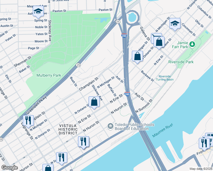 map of restaurants, bars, coffee shops, grocery stores, and more near 1630 North Michigan Street in Toledo