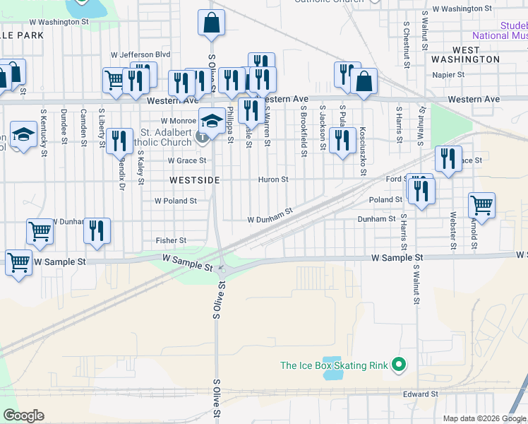 map of restaurants, bars, coffee shops, grocery stores, and more near 749 Warren Street in South Bend
