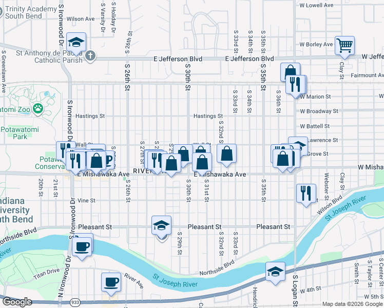 map of restaurants, bars, coffee shops, grocery stores, and more near 818 South 30th Street in South Bend