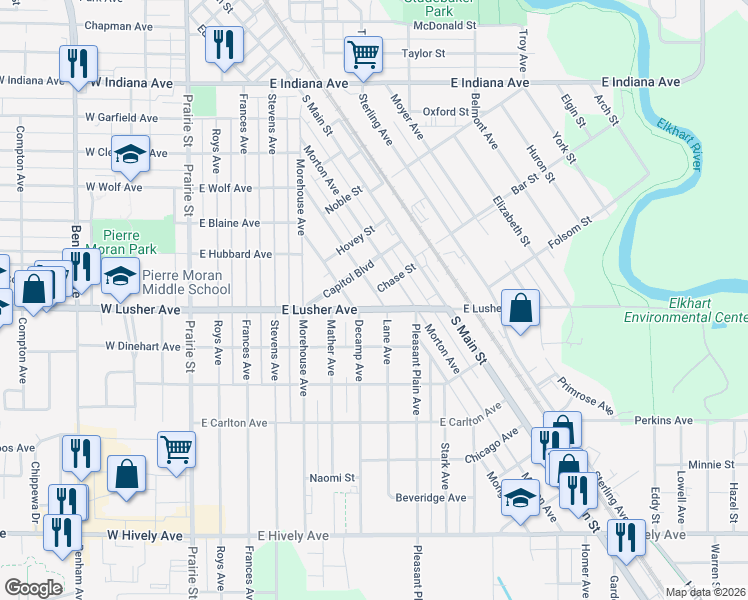 map of restaurants, bars, coffee shops, grocery stores, and more near 2003 Lane Avenue in Elkhart