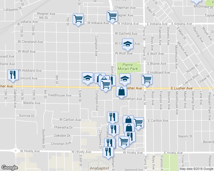 map of restaurants, bars, coffee shops, grocery stores, and more near 318 Lusher Avenue in Elkhart