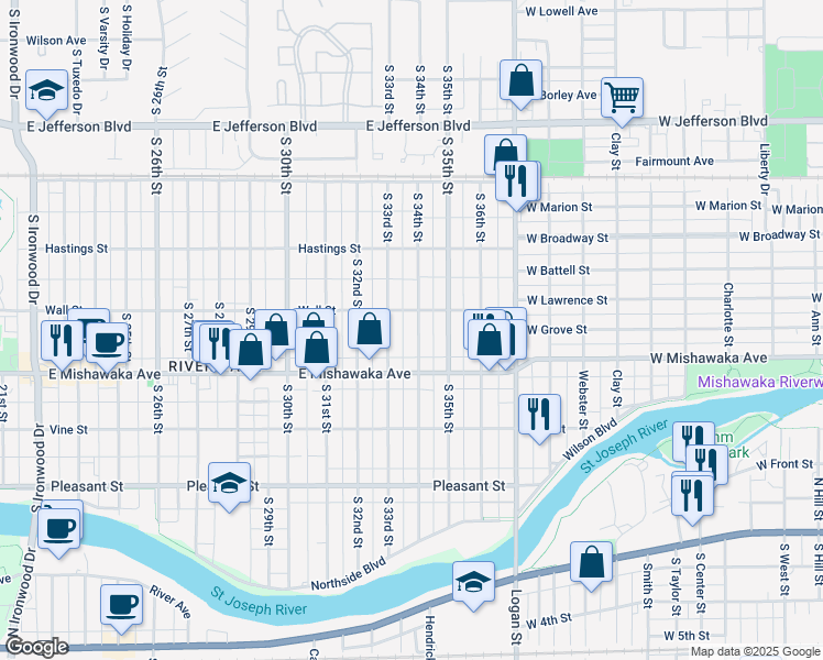 map of restaurants, bars, coffee shops, grocery stores, and more near 817 South 34th Street in South Bend