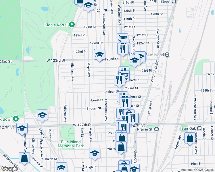 map of restaurants, bars, coffee shops, grocery stores, and more near 2455 Collins Street in Blue Island