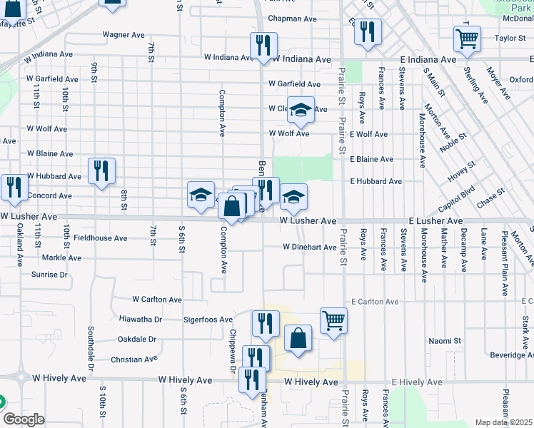 map of restaurants, bars, coffee shops, grocery stores, and more near 246 West Lusher Avenue in Elkhart