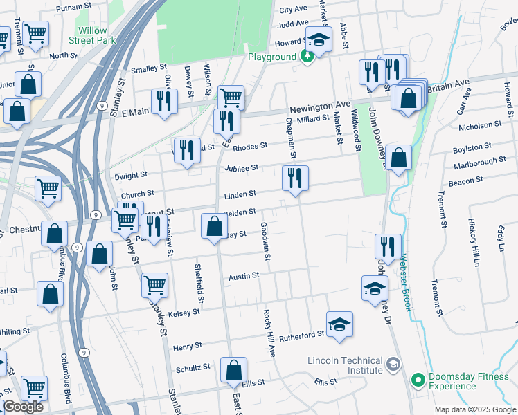 map of restaurants, bars, coffee shops, grocery stores, and more near 66 Belden Street in New Britain