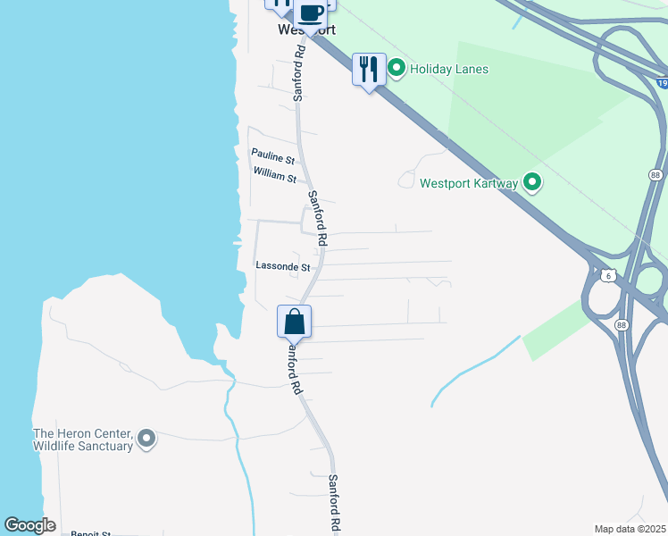 map of restaurants, bars, coffee shops, grocery stores, and more near 9 Milk Avenue in Westport