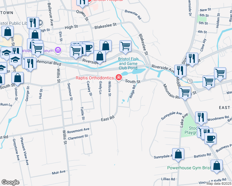 map of restaurants, bars, coffee shops, grocery stores, and more near 569 East Road in Bristol