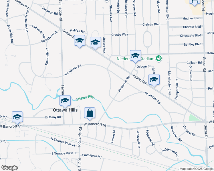 map of restaurants, bars, coffee shops, grocery stores, and more near 3837 Sulphur Spring Road in Toledo