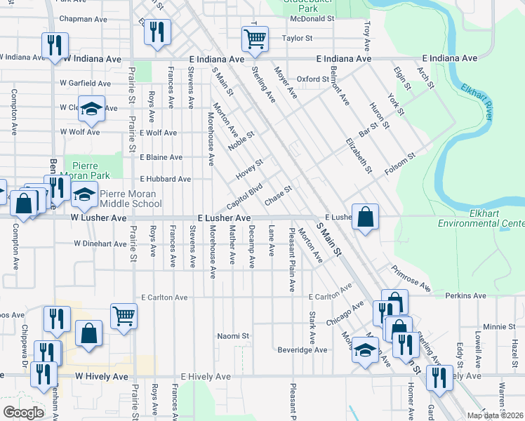 map of restaurants, bars, coffee shops, grocery stores, and more near 2003 Lane Avenue in Elkhart