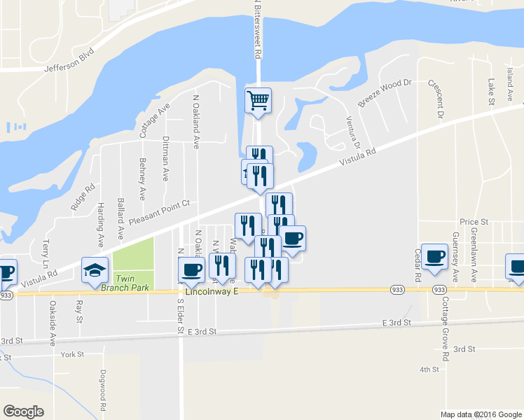 map of restaurants, bars, coffee shops, grocery stores, and more near Bittersweet Road in Mishawaka