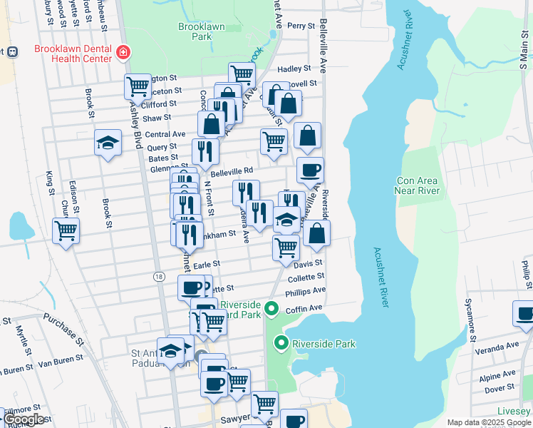 map of restaurants, bars, coffee shops, grocery stores, and more near 82 Nash Road in New Bedford