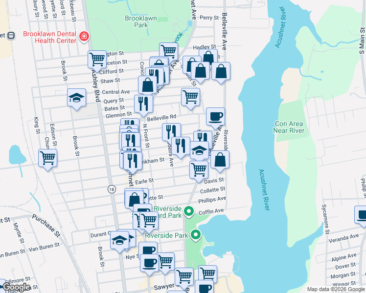 map of restaurants, bars, coffee shops, grocery stores, and more near 82 Nash Road in New Bedford