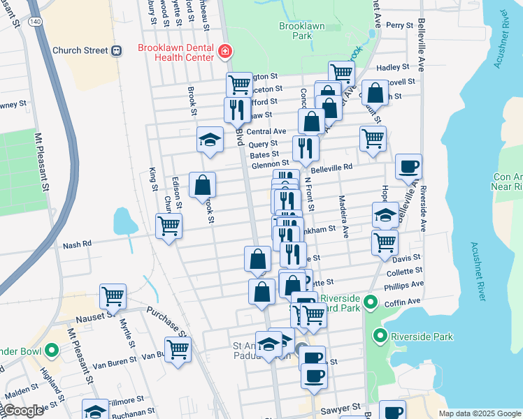 map of restaurants, bars, coffee shops, grocery stores, and more near 214 Whitman Street in New Bedford
