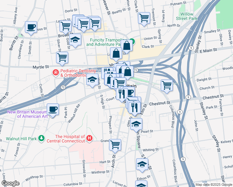 map of restaurants, bars, coffee shops, grocery stores, and more near 222 Main Street in New Britain