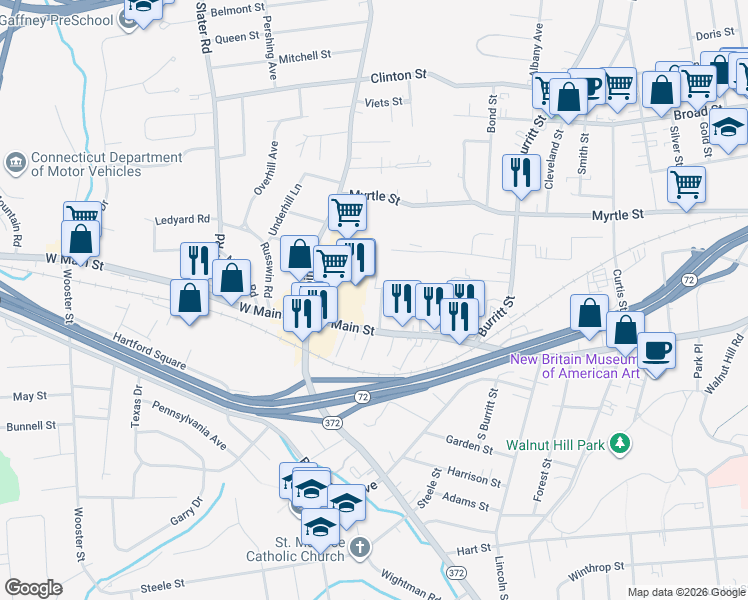 map of restaurants, bars, coffee shops, grocery stores, and more near 38 Westerly Street in New Britain