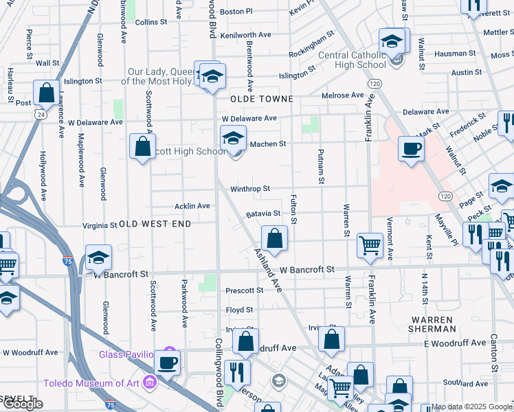 map of restaurants, bars, coffee shops, grocery stores, and more near in Toledo