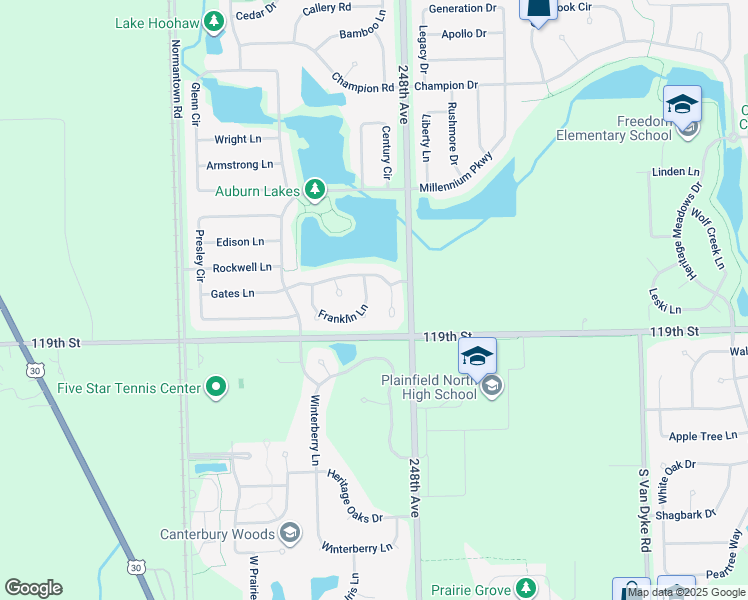 map of restaurants, bars, coffee shops, grocery stores, and more near 24847 Franklin Lane in Plainfield