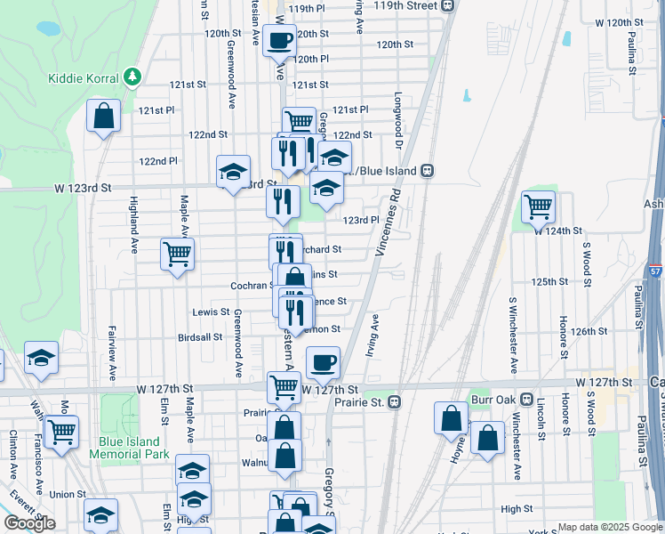 map of restaurants, bars, coffee shops, grocery stores, and more near 2300 Collins Street in Blue Island