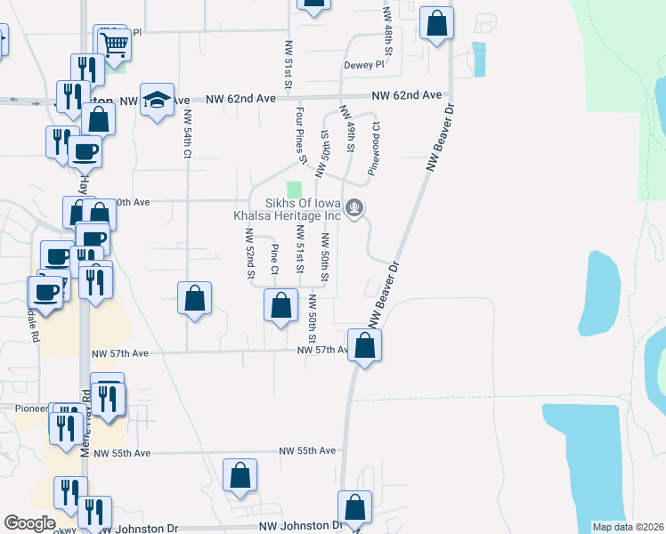map of restaurants, bars, coffee shops, grocery stores, and more near 5837 Northwest 50th Street in Johnston