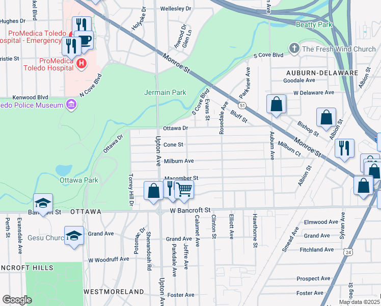 map of restaurants, bars, coffee shops, grocery stores, and more near 2314 Isherwood Street in Toledo