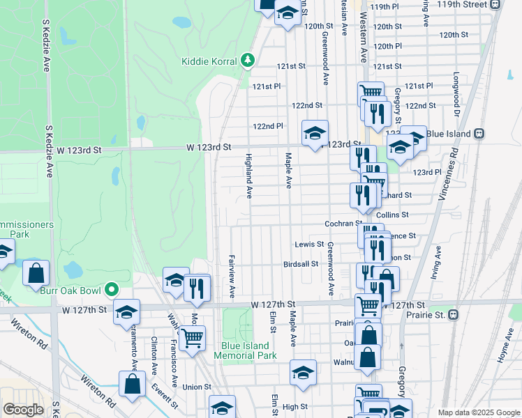 map of restaurants, bars, coffee shops, grocery stores, and more near 2645 Collins Street in Blue Island