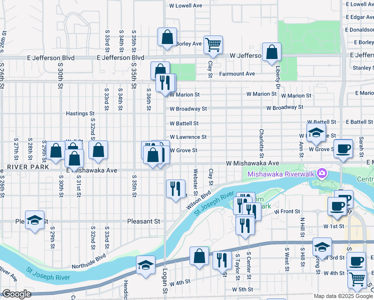 map of restaurants, bars, coffee shops, grocery stores, and more near 916 West Grove Street in Mishawaka