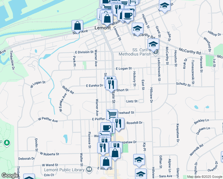 map of restaurants, bars, coffee shops, grocery stores, and more near 808 State Street in Lemont