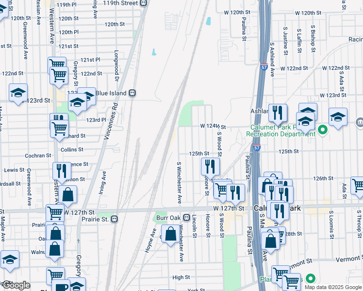 map of restaurants, bars, coffee shops, grocery stores, and more near 12435 South Winchester Avenue in Calumet Park