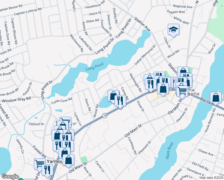 map of restaurants, bars, coffee shops, grocery stores, and more near 168 Wood Road in Yarmouth